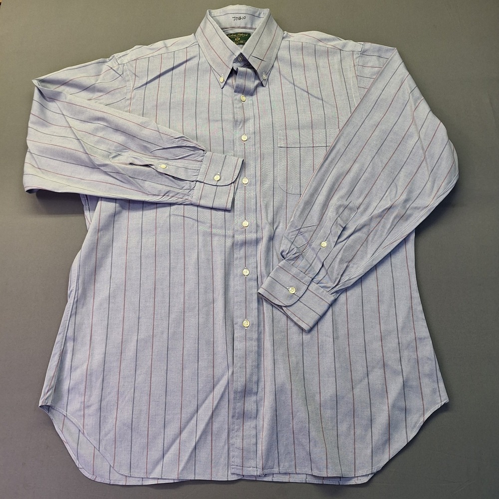 Tom James Custom Tailored Mens Blue Striped Oxford Button Down Shirt 14951
